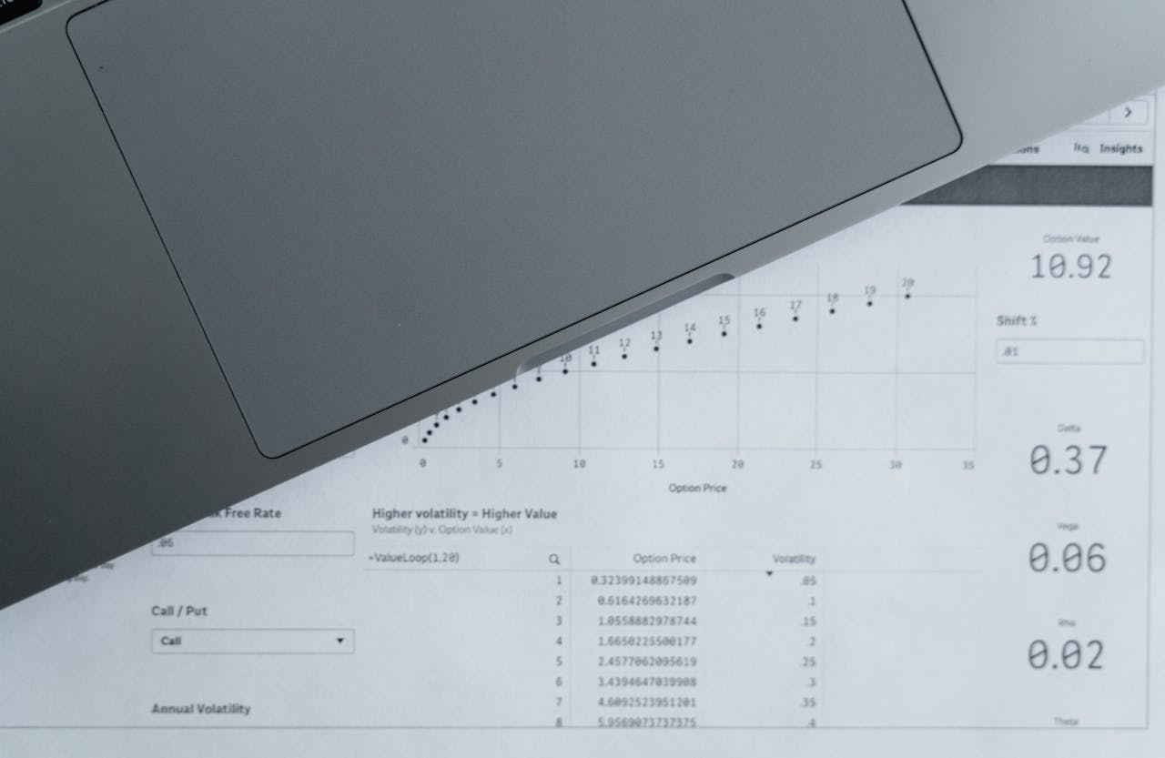 A top-down view of analytical data sheets and a laptop, ideal for business analysis themes.